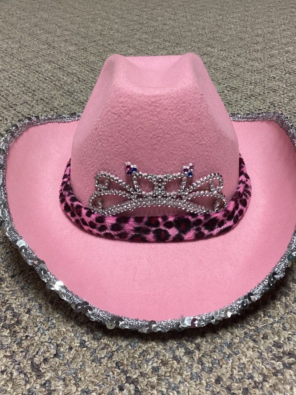 Pink Cowgirl Hat with a Tiara Silver Sequins Trim & Purple Leopard Band
